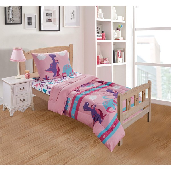 Kids Collection Toddler Size Comforter and Sheet Set Dinosaur Land Pink for Girls and Kids Purple Turquoise Pink Dinosaurs Print New