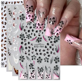 Leopard Print Nail Art Sticker Nail Decals 3D Self-Adhesive French Lines Nail Tip Hibiscus Flower Lace Floral Petals Nail Art Design Gel Polish Slider Decal Nail Charm for Manicure Decoration 4Sheets
