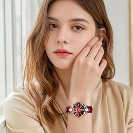 Dacdyi Elegant Leather Watches for Women Creative Diamond Cut Glass Round Dial Analog Quartz Wirstwatches (Red)