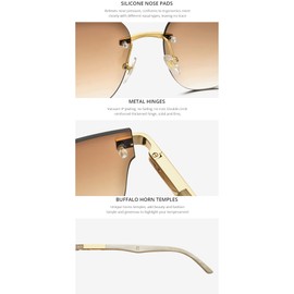 HEPIDEM 100% Really Buffalo Horn Handmade Sun Glasses,Square Rimless Luxury Buffs Sunglasses With Diamonds (0027 White Frame Tea Lens)