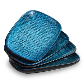 TAUFIKT Handmade Ceramic Dinner Plates Set of 4, 8 Inch Porcelain Salad Plates with Lipped Edges, Rattan Lines Dinnerware Plates for Pasta, Salad and Steak, Microwave, Oven & Dishwasher Safe