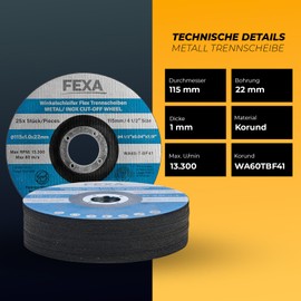Fexa Cutting Discs 115 for Angle Grinders, Flex Discs for Metal, Steel, Stainless Steel, Stainless Steel, Stainless Steel, 115 mm x 1 mm, Pack of 25 - Flex Discs 115 Thin