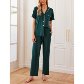 Ekouaer Women Pajamas Set Button Down Sleepwear Short Sleeve Nightwear with Long Pants Soft Pjs Set S-XXL Dark Green XL