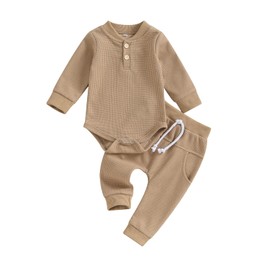 Kuriozud Newborn Baby Boy Clothes Solid Color Button Long Sleeve Romper Bodysuit Pants Set Infant Soft Fall Winter Outfit waffle khaki 6-9 Months