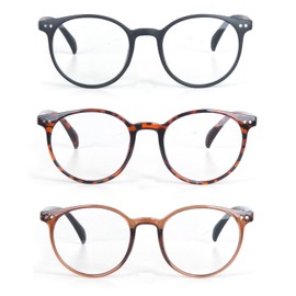 EYE ZOOM 3 Pack Retro Round Plastic Frame Reading Glasses for Men and Women, Multi Color, +2.25