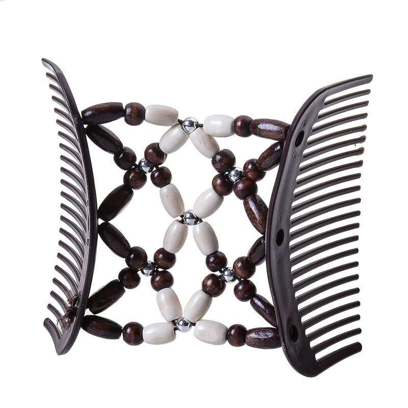 LOVEF Women Magic Hair Combs Wood Beaded Stretch Double Side