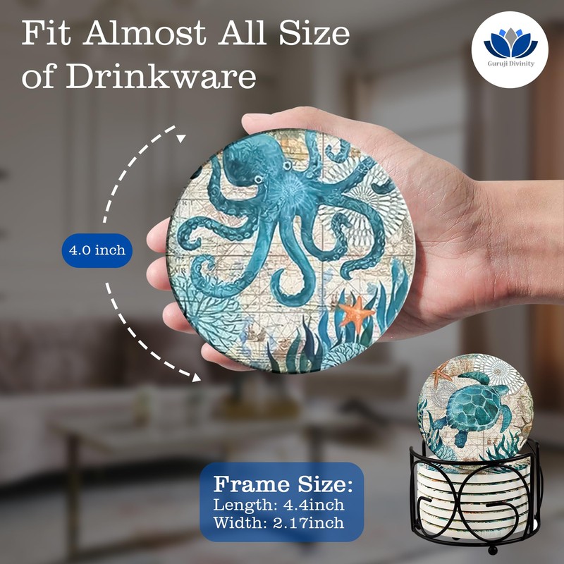 Coasters for Drinks, Round Absorbent Ceramic Stone Coasters with Cork