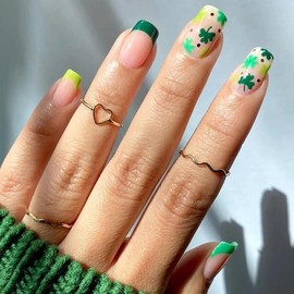 St. Patrick's Day Press on Nails Short Square French Tip Fake Nails Full Cover Green Shamrock False Nails with Designs Glossy Glue on Nails Manicure Acrylic Artificial Nails for Women Girls 24Pcs