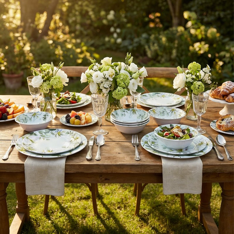 Yinshine 12-Piece Melamine Dinnerware Set, Green & White
