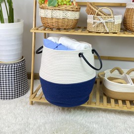 OHESTIA Small Laundry Basket with Handles, 14 x 12 in Foldable Laundry Hamper Room Organization Toy Storage Bins Cotton Rope Woven Storage Basket Organizer for Dirty Clothes Baby Pillows Blankets