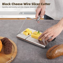 Cheese Slicer with Wire for Block Cheese - Adjustable Stainless Steel Cheese Cutter with Precision Scale,5 Replacement Wires, Non-Slip and Ergonomic Design