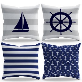 Navigation Sailboat Boat Helm Lighthouse Boat Anchor Throw Pillow Cover Pillowcase Farmhouse Navigation Theme 18x18 Inch Set of 4 Decor for Home Bedroom Bathroom Guest Room Hotel Gifts for Sea Lover