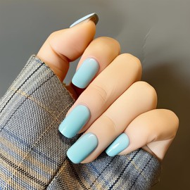 24Pcs Short Square Light Blue False Nails,Glossy Pure Color Collection,Square Press on Nails with Elegant Design,Full Cover Acrylic Stick on Nails for Women Girls Daily Wear (Light Blue, One Size)