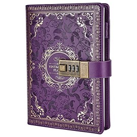 Vintage Leather Journal Notebook with Combination Lock, B6 Embossed Flower Secret Diary Ruled Lined Paper for Writing, Gift for Women Girls Children (Purple)