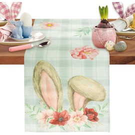 Easter Table Runner Easter Decorations Indoor Bunny Rabbit Ears Flower Spring Table Runner 13 x 72 Inch Easter Decorations for Table Holiday Dining Bunny Eggs for Home Party Kitchen Dining Decor