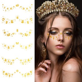 12 Sheets Christmas Gold Glitter Freckles Face Tattoo Stickers Sparkle Face Makeup Patches Waterproof Temporary Tattoos Shiny Gold Foil Flash Face Makeup Accessories for Christmas Makeup Party