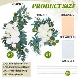 Thiccywoov 4 Pcs Artificial Wedding Arch Flowers Kit Include 2 Artificial Floral Swag and 2 White Chiffon Drapes, Faux Flower Set for DIY Wedding Party Reception Ceremony Backdrop Rose Decoration