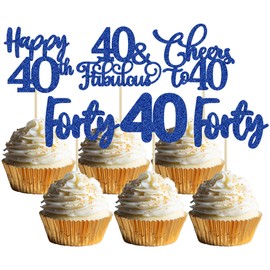 Paquete de 30 adornos para magdalenas de feliz cumpleaños 40 cumpleaños, color azul oscuro con purpurina de cuarenta vítores a 40 años de edad, para decoraciones de pasteles de feliz cumpleaños 40