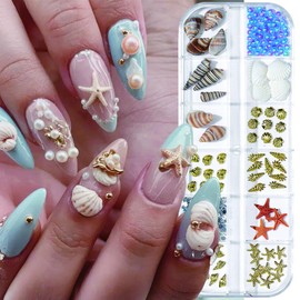 12 Grids Summer Beach Nail Charms Shell Nail Rhinestones Seashell Starfish Pearl Design Nail Art Supplies Shiny Nail Diamond Ocean Theme Nail Jewels Nail Gems for Women Girls Acrylic Nail Salon DIY