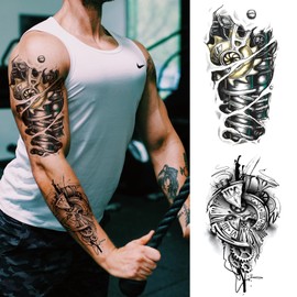 3D Cool Mechanical Temporary Tattoo for Men, Large Half Sleeve Black Realistic Steampunk Gear Wheel Fake Tattoo Adult Teen Boy, Big Robot Arm Clock Temp Tatoo Sticker Arm Body Art Makeup, 8-Sheet