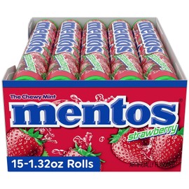 Mentos Holiday Chewy Candy Mint Roll, Strawberry, Candy for Christmas Stocking Stuffers for Adults & Kids, Party, Non-Melting, 14 Count (Pack of 15)