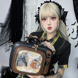 fancybag Ita Women's TV Shoulder Bag Retro TV Design Unique See Through Window Enamel Pin Backpack Black & Pink, black