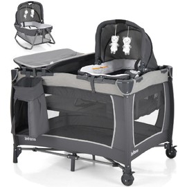 INFANS 4 in 1 Pack and Play, Portable Nursery Center for Baby Kid Infant, Travel Playard with Bassinet, Mattress, Diaper Changer, Bag, Toys, Music Box, Storage Basket