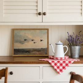 Vintage Flying Duck Wall Art, Rustic Landscape Wall Decor Retro Bird Painting Nature Wilderness 3D Textured Hand Drawn Sandstone Artwork Aesthetics for Bedroom Living Room 12x16 inch Wood Framed