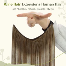 Fshine Secret Wire Extensions Echthaar mit Unsichtbarem Draht 45cm 80g Echthaar Extensions mit Draht Balayage Mittelbraun bis Platinblond Farbe 6 60 6