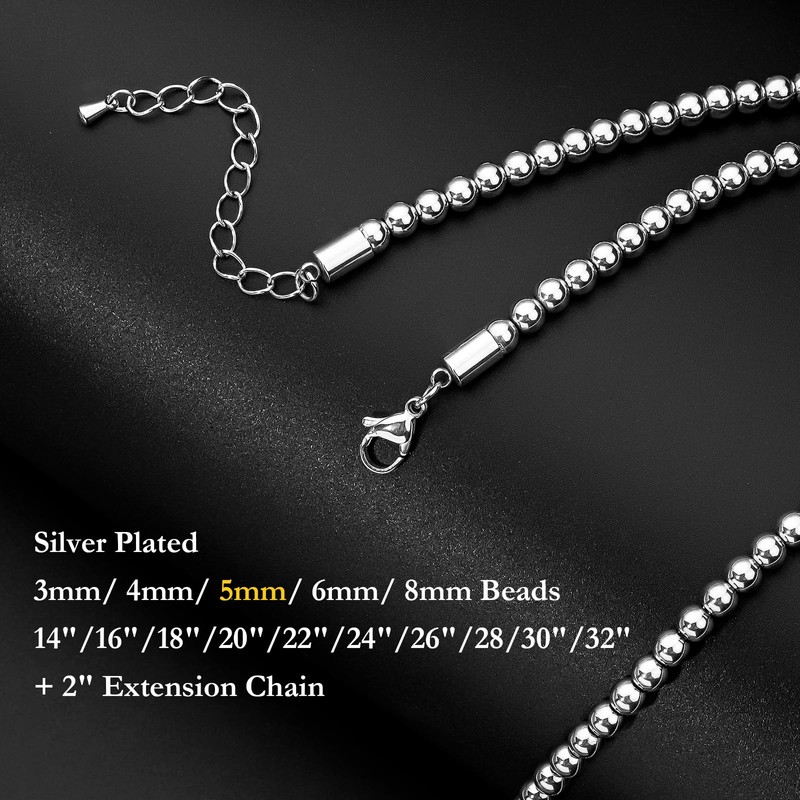AMITER Silver Painted Bead Necklace, 3mm - 8mm Ball Beaded