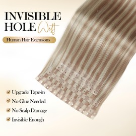 Remy Human Hair Extensions 18/613 Highlight Invisible Hole Weft Human Hair Extensions Micro Ring PU Hair Extension Tape in Hair Extension Glueless Skin Weft Extension for Women (70g 8Pcs,18 Inch)