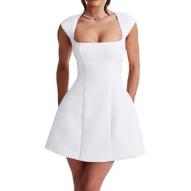 Aopwsrlyi Women's Square Neck Cap Sleeve Mini Dress Sleeveless Back Zipper A Line Party Club Dresses (White, M)