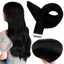 Full Shine Remy Human Hair Tape in Extensions Black 24 Inch Double Sided Tape for Skin Weft Hair Extensions 20Pcs 50 Gram Color 1 Jet Black Seamless Tape in Extensions Remy Human Hair