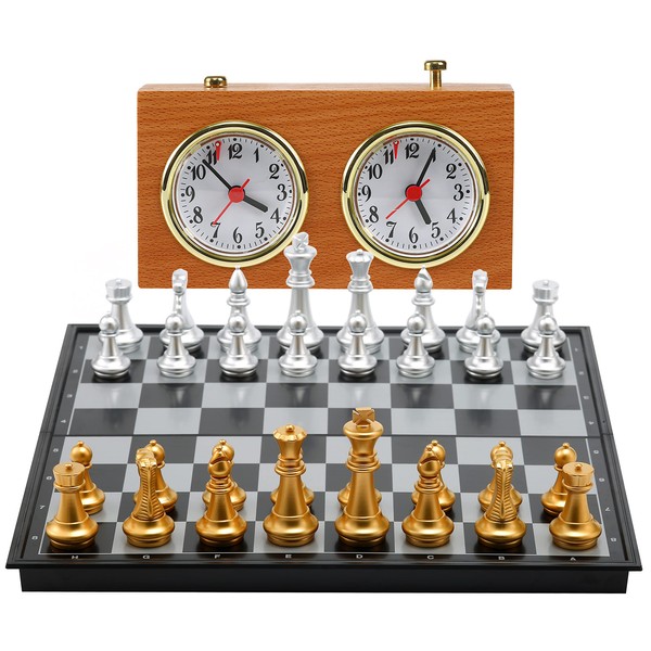 Magnetic Chess Board Game & Wooden Chess Clock Timer, Wind-Up Mechanism, 14" x 14" Inches Chess Board - Travel Chess, Board Games