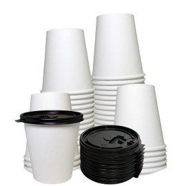 10 oz Disposable White Paper Coffee Cups with Black Flat Lids, Recyclable Hot/Cold Beverage Paper Drinking Cups with Lids for Tea, Water, Coffee, Travel, Picnic, Breakroom, Office (200 PACK)