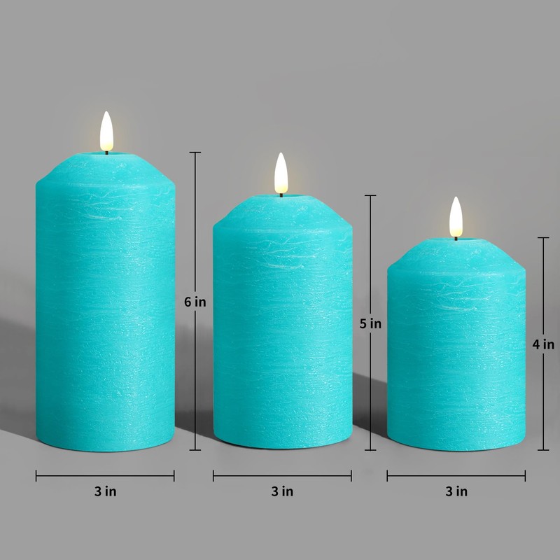 Eywamage Turquoise Blue Flameless Pillar Candles with Remote, Flickering LED