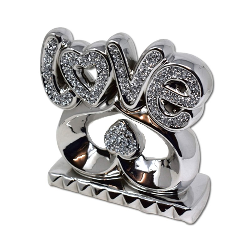 Silver Crushed Diamonds Love Sign on Heart Sparkle Ornaments |