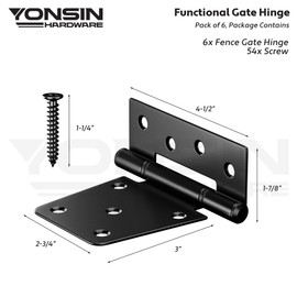 YONSIN 3.5inch Heavy Duty Strap Gate Hinges, Black Shed Door Hinges, Fence Gate Hinges Hardware Kit for Wooden Gates, Vinyl Fence, Barn Door, 6 Pcs