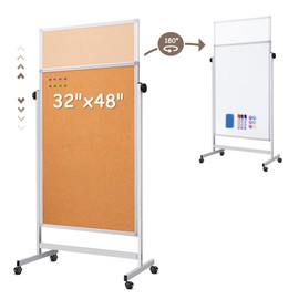 Double Sided Cork Board White Board, 32 x 48 inches Large Cork Board for Office, Height Adjustable Magnetic Dry Erase Board on Wheels, Portable Freestanding Natural Corkboard for Displaying, Planning