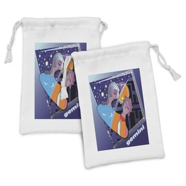 Lunarable Astrology Fabric Pouch Set of 2, Gemini Couple Mercury Moon and Sun Map to Zodiac Stars Love Character Home, Small Drawstring Bag for Toiletries Masks and Favors, 9" x 6", Orange Blue Navy