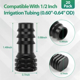 RedChili 20 Pcs 1/2 Inch Irrigation Tubing End Plug Fittings, (1/2" ID x0.6-0.63" OD) 1/2" Drip Tubing Barbed End Cap Connectors Goof Plug Parts for Garden Lawn Irrigation System