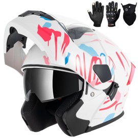 Adult Modular Motorcycle Helmets, DOT Approved Flip up Dual Visor Full Face Helmet for Men Women Moto ATV UTV Snowmobile ADV Four Wheeler Street Bike with Gloves & Mask (Pink Blue White, L)