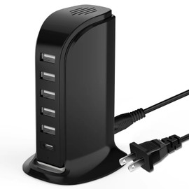 USB Charging Station for Multiple Devices, 5 USB Ports + 1 Type C Multiport Charger Tower, Compatible with Smartphones, Tablets and Other USB Devices (Black)