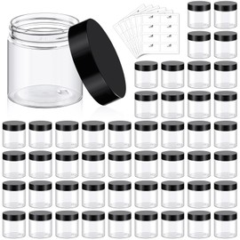 TUZAZO 48 Pack 4 Oz Plastic Jars with Black Lids and Labels, Round Clear Cosmetic Containers for Body Butter, Cream, Lotion, Ointment, Gel, Slime Jar, Makeup, Travel Storage