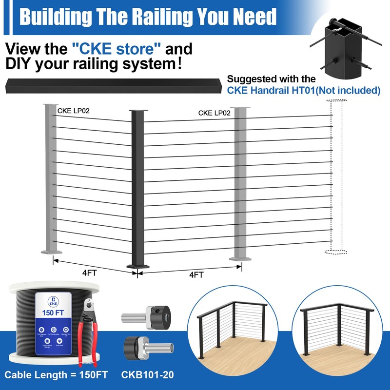 CKE T-Drilled Corner Post Cable Railing, Three Sides T-Drilled 42"