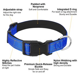 Dog Collars Adjustable for Medium Dogs,Heavy Duty Waterproof Dog Collar with Quick Release Buckle,Girl Boy Female Male Reflective Nylon Dog Collar with Soft Neoprene Padded,M,Navy Blue