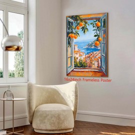 JCSMHVLA Lemon Tree Seaside Landscape Canvas Wall Art Living Room Bedroom Wall Decor Seaside Artwork for Walls Watercolor Lemon Tree Painting Italian Cityscape Print 16x24in Frameless
