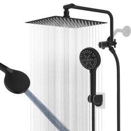 Hygie Rinse 12" All Metal Shower Head, High Pressure 10-Spray Handheld Showerhead Rainfall Shower Head Combo with 11" Adjustable Shower Extension Arm, 71" Hose, Shower Head Holder, Matteblack