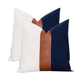 Vfuty Set of 2 Faux Leather and Cotton Patchwork Throw Pillow Covers 16x16 Inch Modern Accent Decor Cushion Covers for Couch Living Room Bedroom, Farmhouse Stripe Pillowcase, Navy Blue