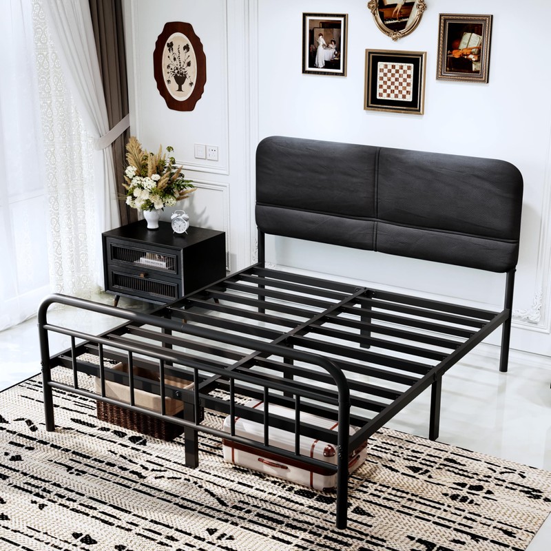 14Inch Metal Bed Frame,King Size Bed Frame with Upholstered Headboard,Heavy